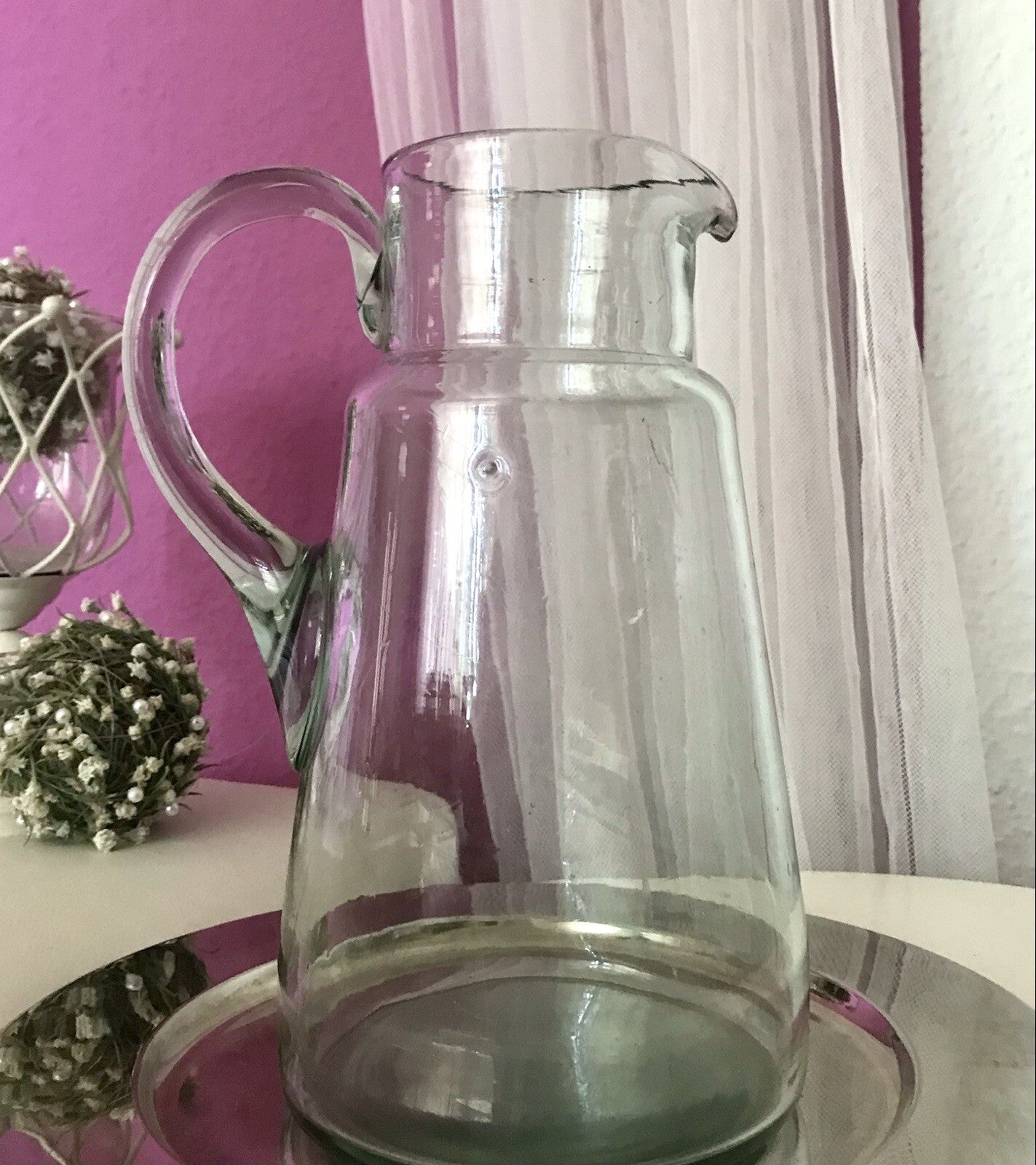 Antik groß Krug Glas Karaffe Kanne Wasserkrug Glas mundgeblasen light türkis