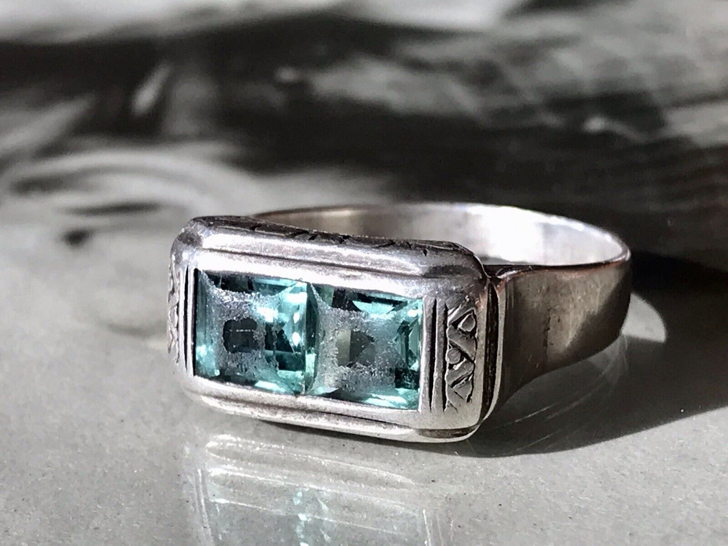 Antik Art Déco Unisex RING Silber Gr. 62 19,7 Blaugrüne Steine