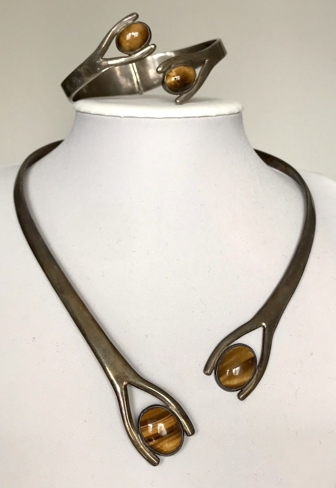 Vintage Set Halsreif Armspange Armband Collier 925 Silber Halskette Tigerauge