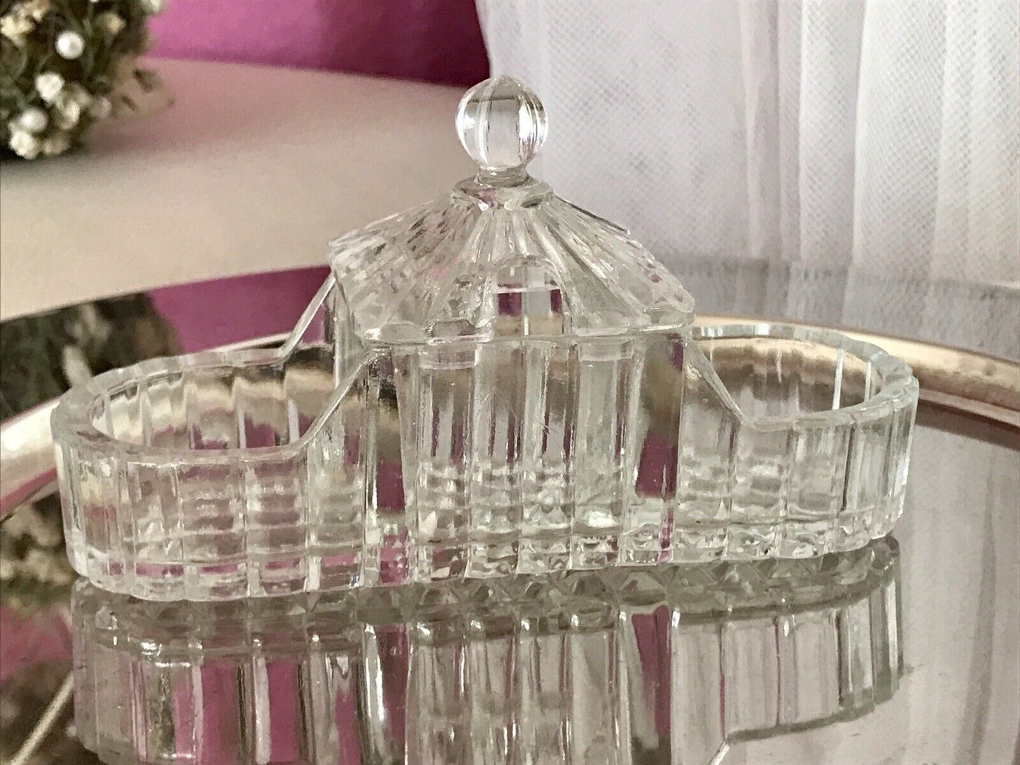Antik Art Déco Pressglas Salz & Pfeffer Menage Saliere Gewürzständer Glas