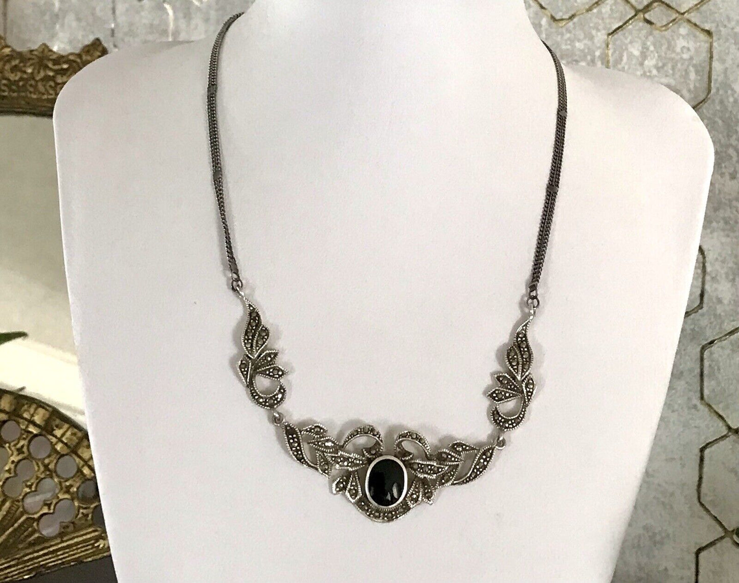 Antik Edel Jugendstil Art Déco 925 Silber Collier Halskette mit Onyx & Markasite