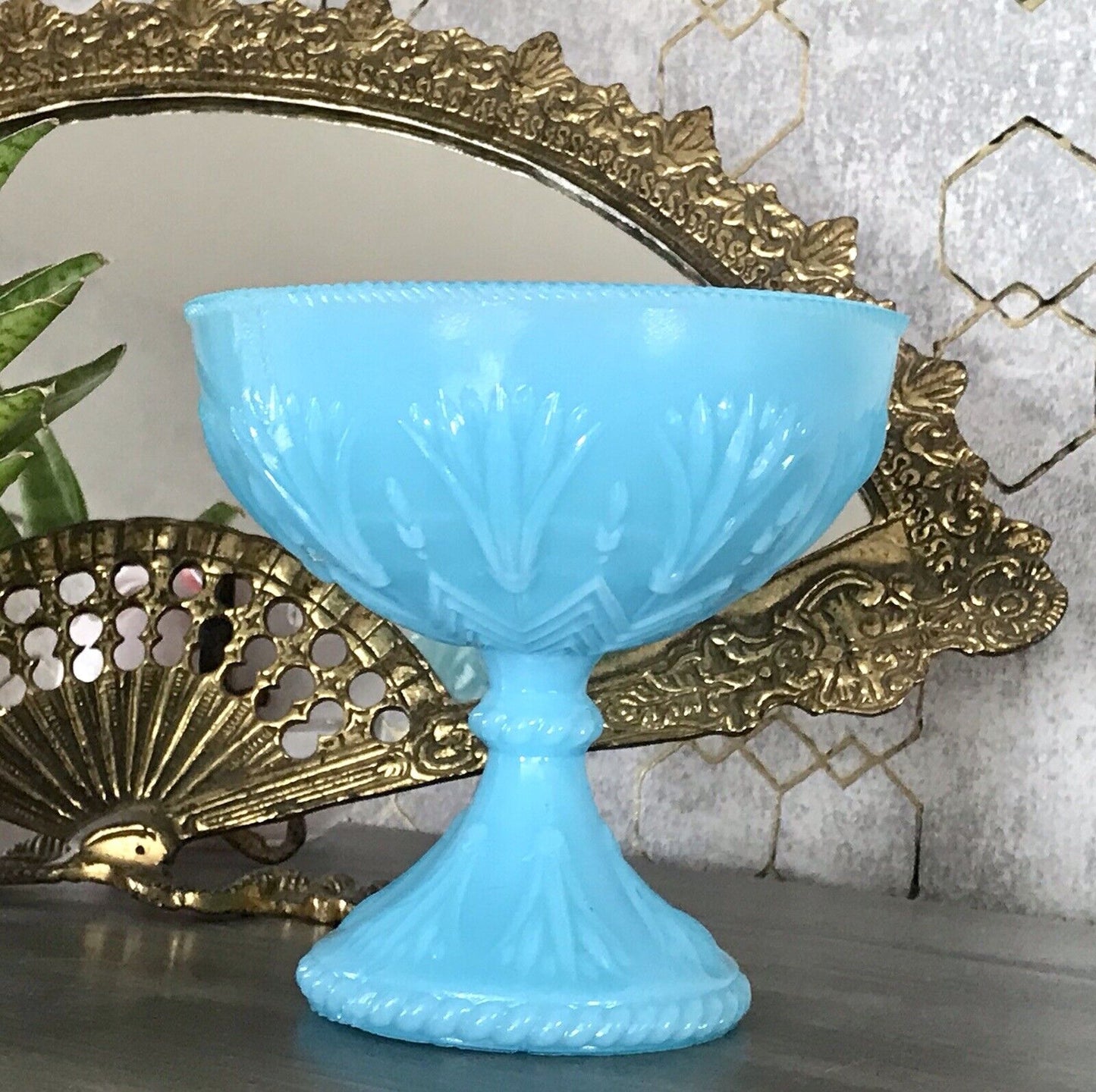 Antik Jugendstil Art Déco Pressglas Schale Fußschale Zuckerschale blau türkis