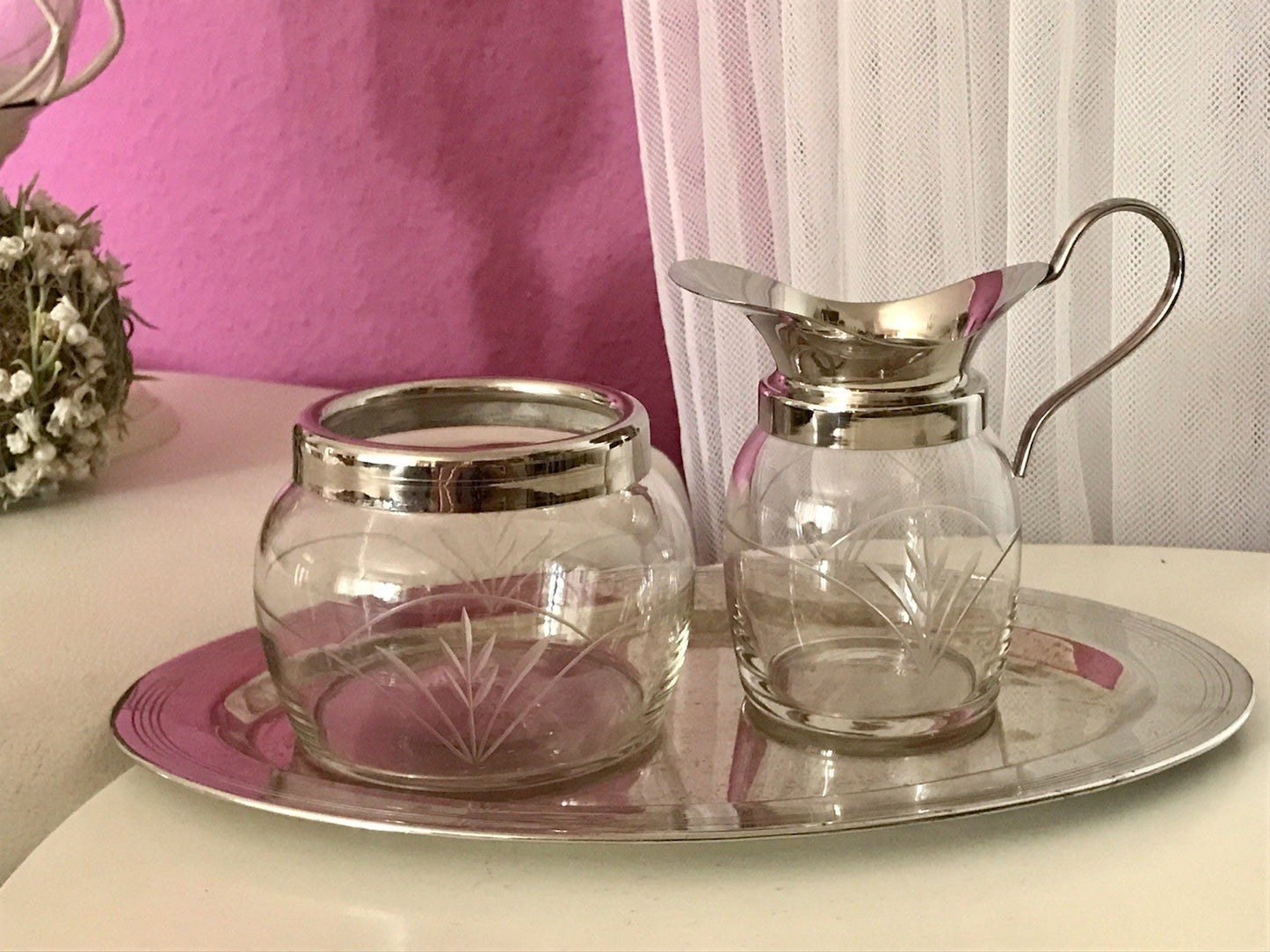 Antik Jugendstil 3 Teile Milch& Zucker Tablett Metallmontur & Glas geschliffen