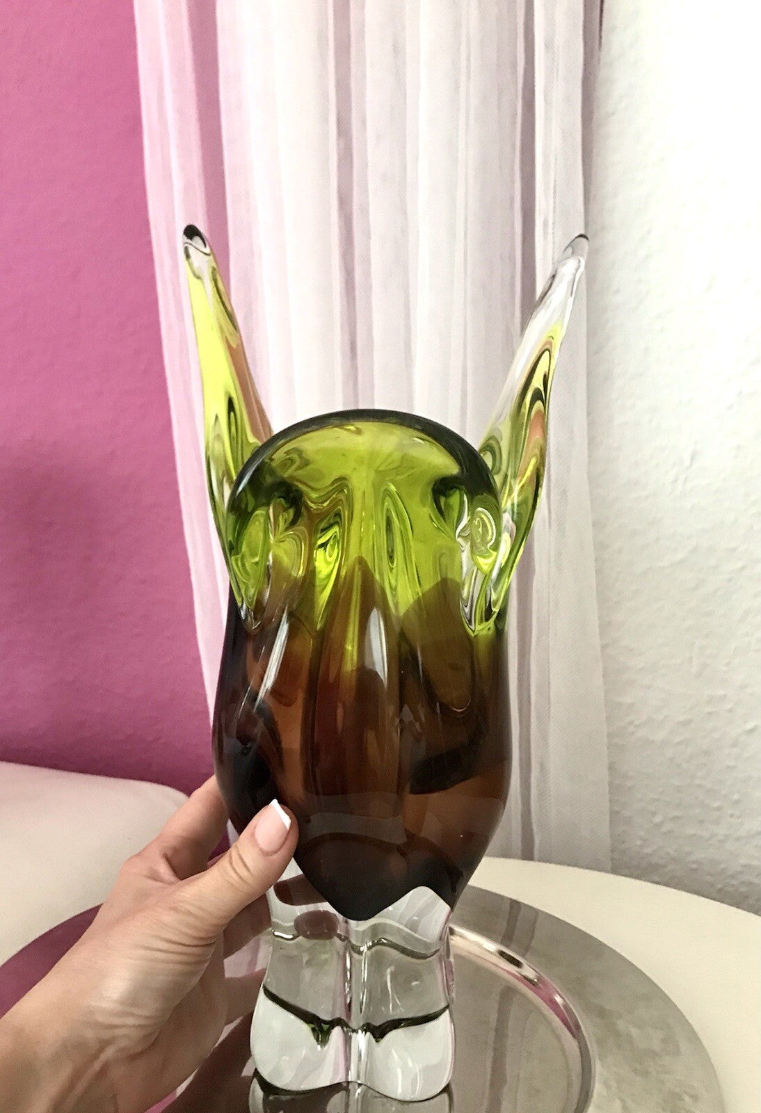 Vintage große Glasvase Vase Chribska 60er Jahre Glas Hospodka grün aubergine