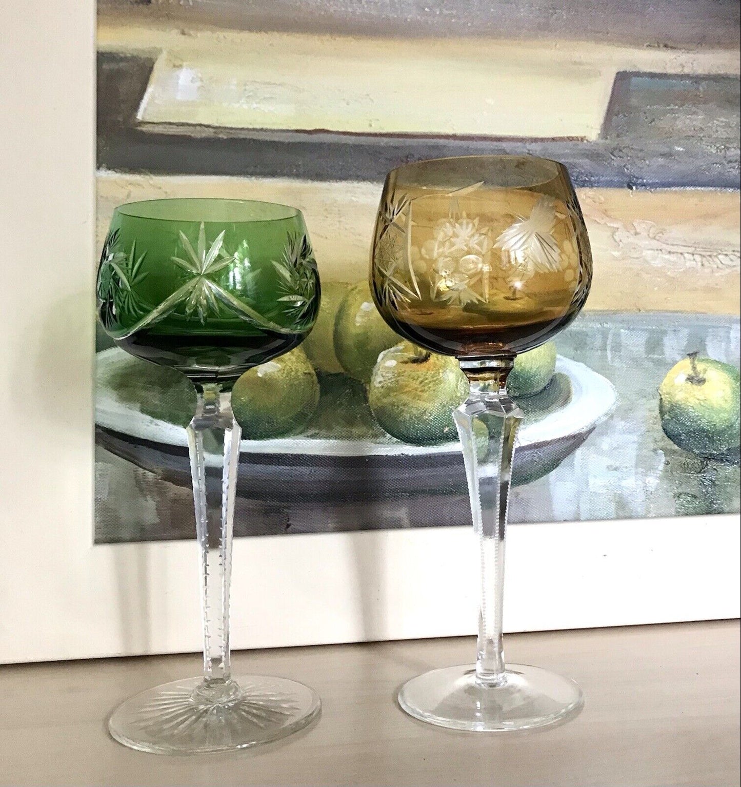 Alt Vintage antik? 2x Weinglas Römer Kristallglas Schliff gelb grün Schliff