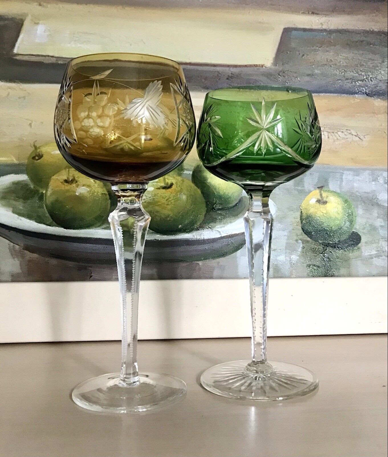 Alt Vintage antik? 2x Weinglas Römer Kristallglas Schliff gelb grün Schliff