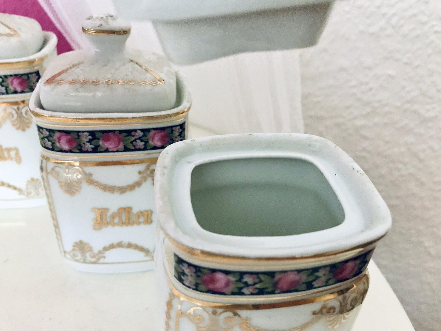 Antik 6x Porzellan Dose Vorratsdosen Gewürze Rosen Golddekor Jugendstil