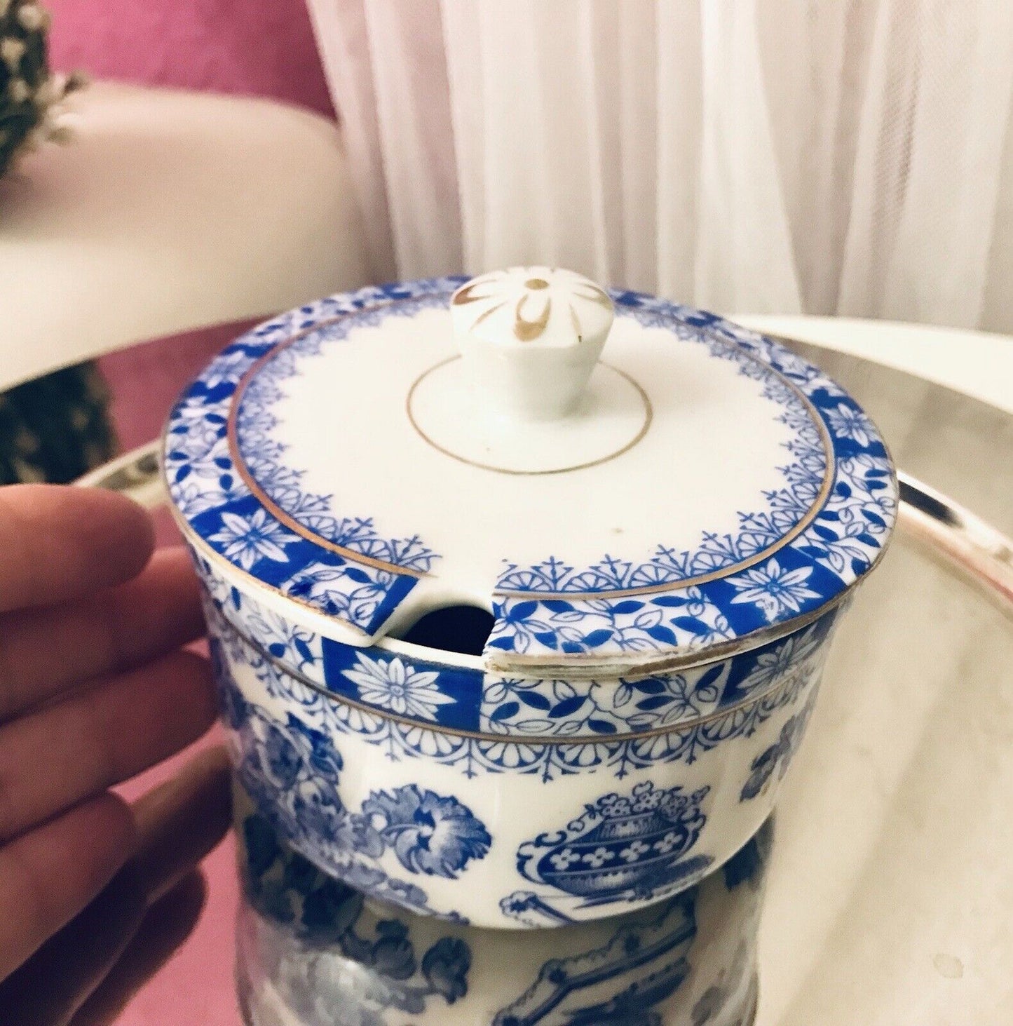 Antik Art Déco Porzellan Deckeldose Dose China Blau Oscar Schaller ??