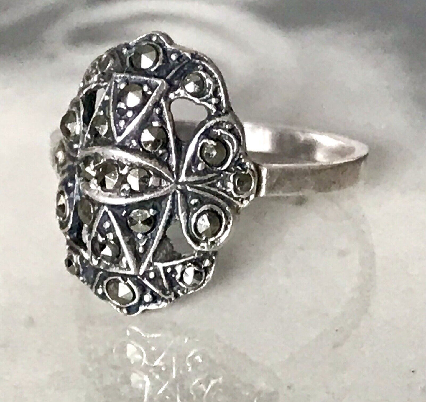 Antik Art Déco Edel Markasite DAMEN RING Silber 925 Gr.52 53 Schiffchen 1,68