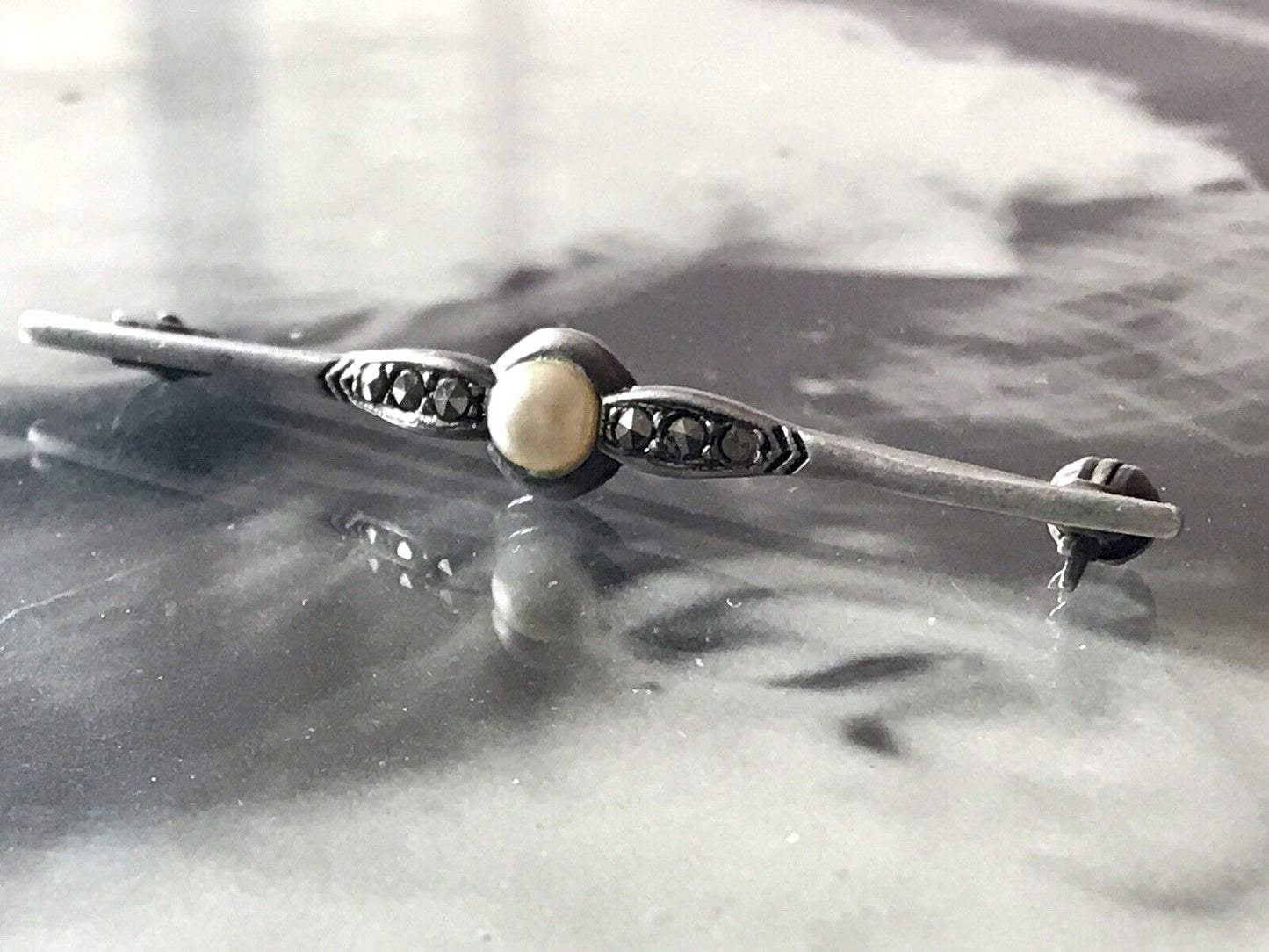 Antik Art Déco Edel Stabbrosche 835 Silber Brosche Markasiten Perle So Schön!