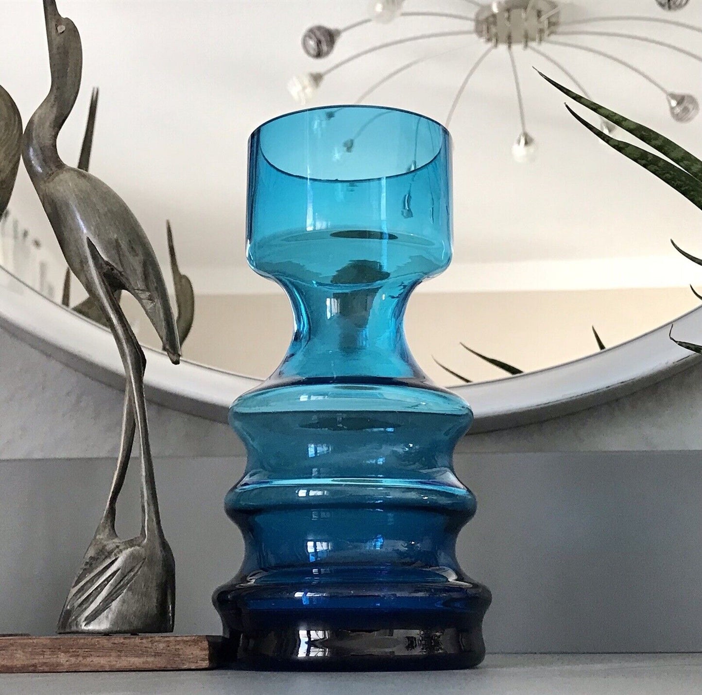 Vintage MCM 60er 70er Jahre blau Glas Kerzenständer Vase Blumenvase Glasvase