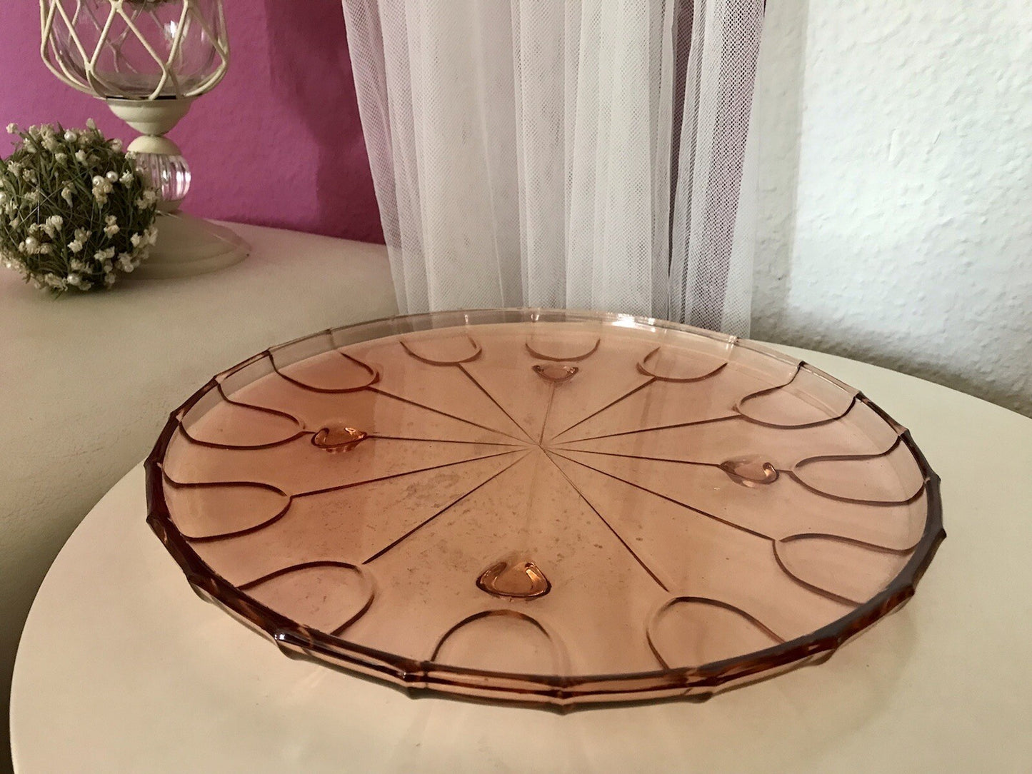 Antik Tortenplatte Tortenständer Rosalin Glas rosa 4Füssig Art Déco Pressglas