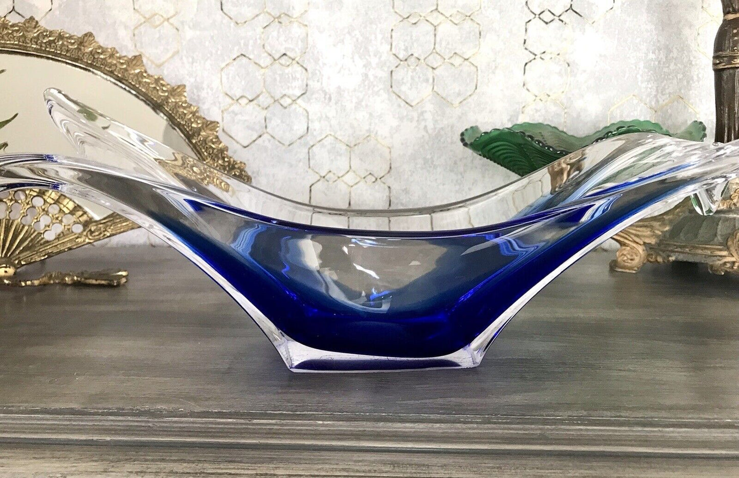 Murano 60er 70er Jahre Schale Glas zipfelig blauer Zwischenfang im Klarglas
