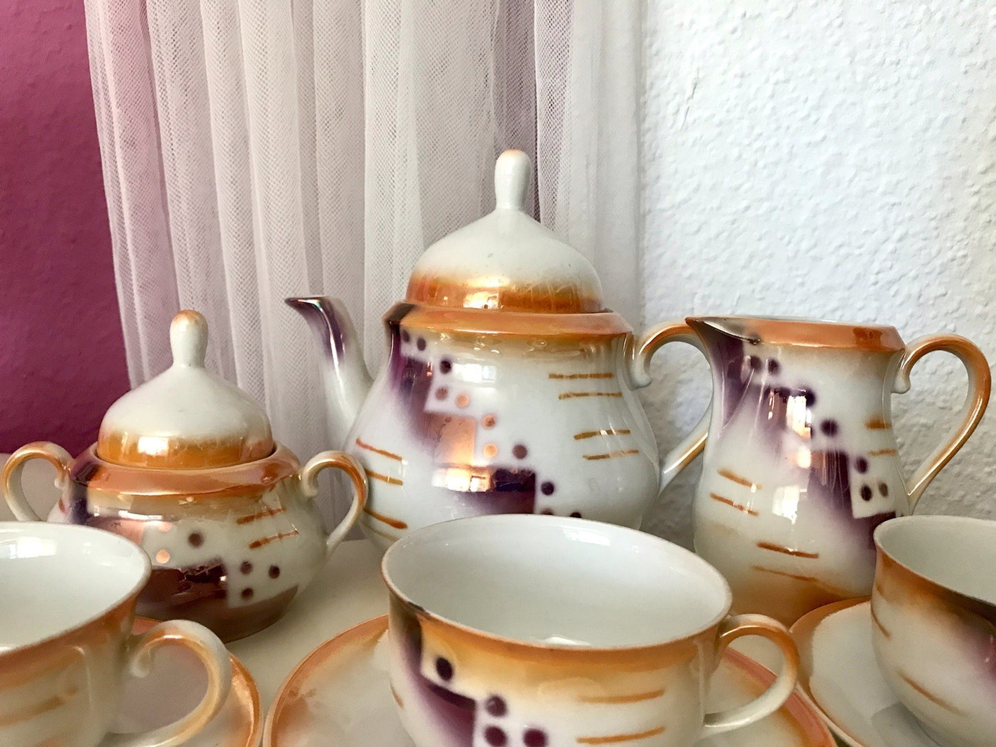 Antik Art Déco Porzellan Kaffeeservice Spritzdekor Teeservice 6 Pers.