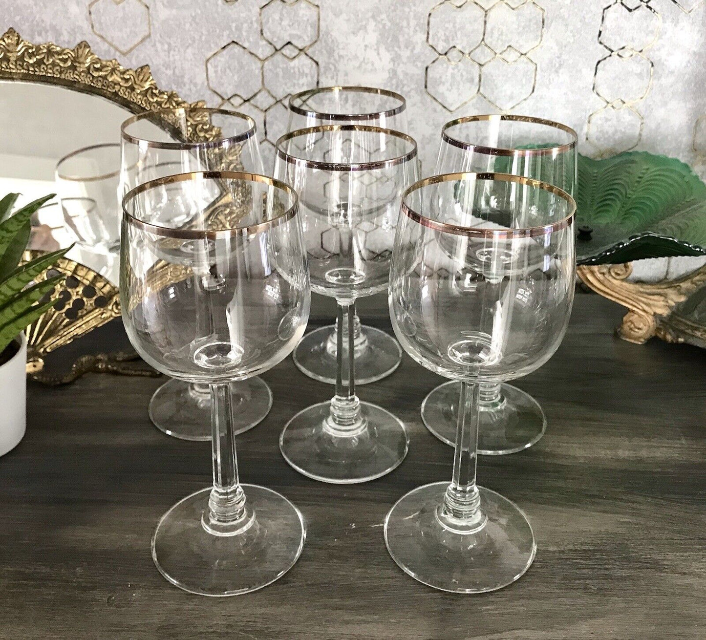 Art Déco Stil 6 Gläser Weingläser Weißweingläser Glas Goldrand Lausitzer