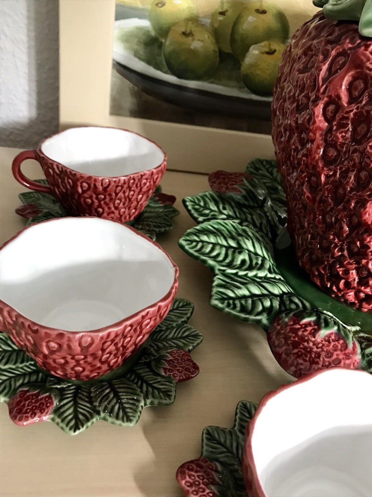 Vintage alt Majolika Keramik Bowle Set Topf 6 Tassen grün rot Erdbeere Pinhero