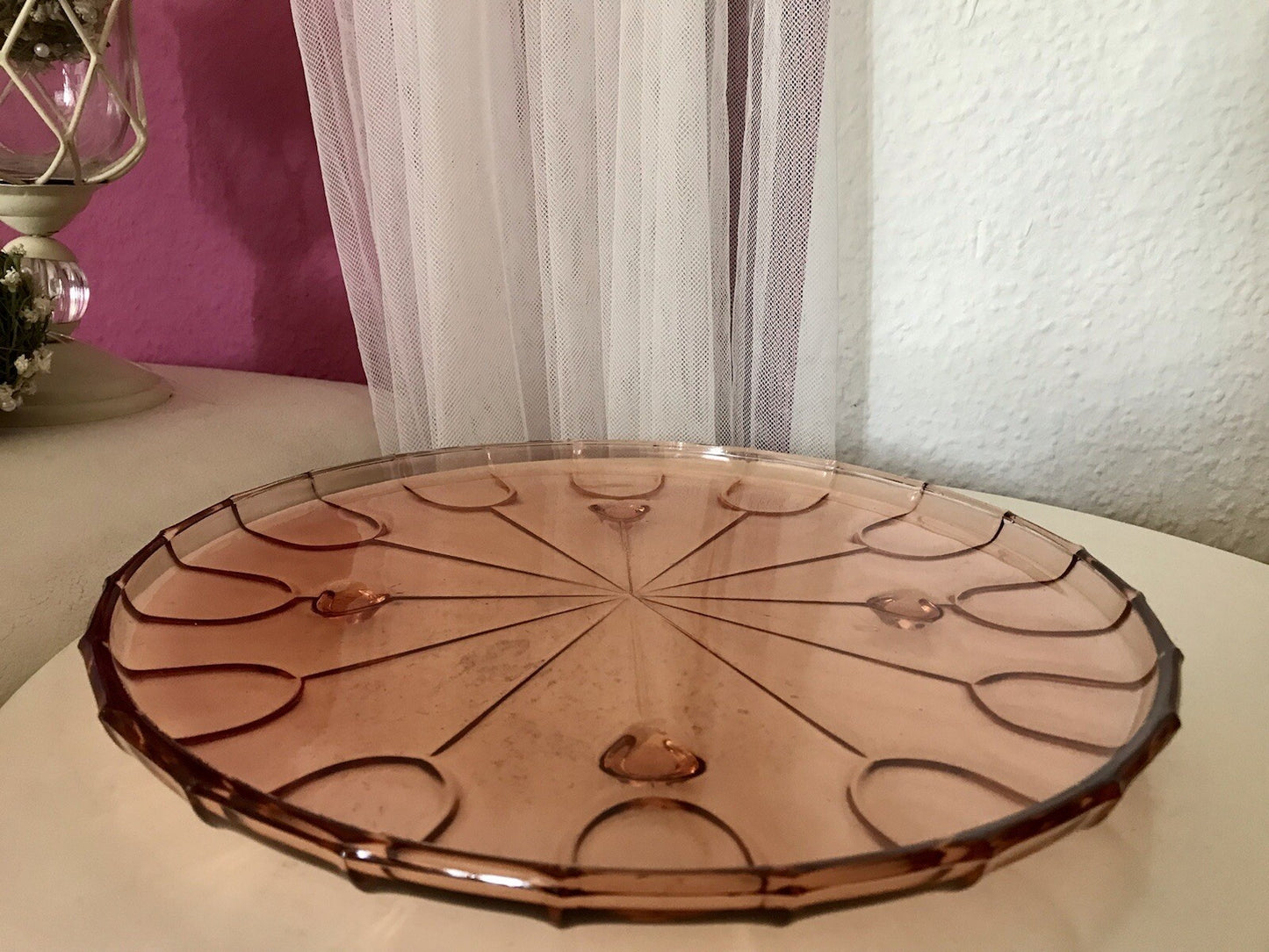 Antik Tortenplatte Tortenständer Rosalin Glas rosa 4Füssig Art Déco Pressglas