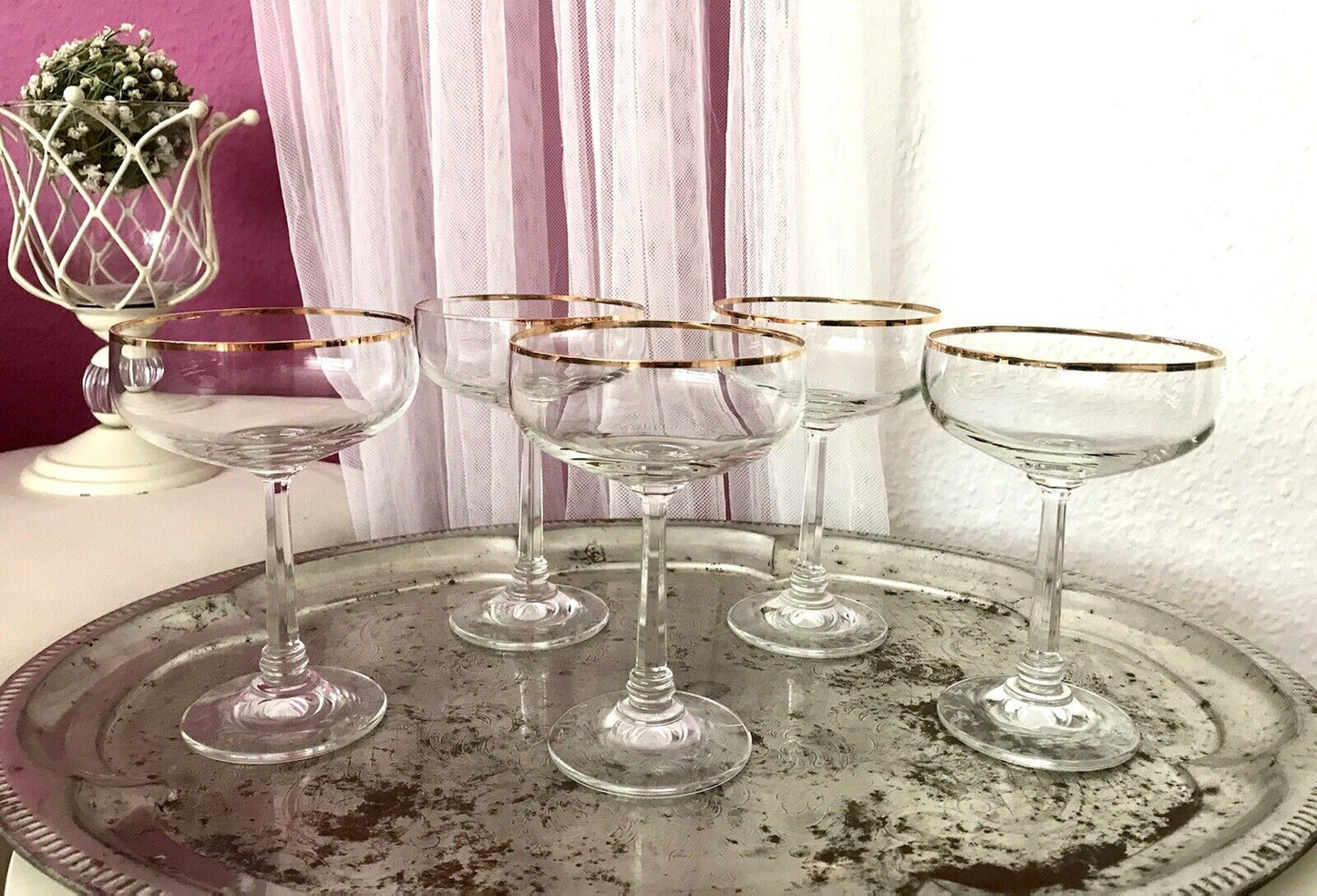 Antik? Art Déco Stil 6 Gläser Champagnerschalen Glas Goldrand Lausitzer? Crystal