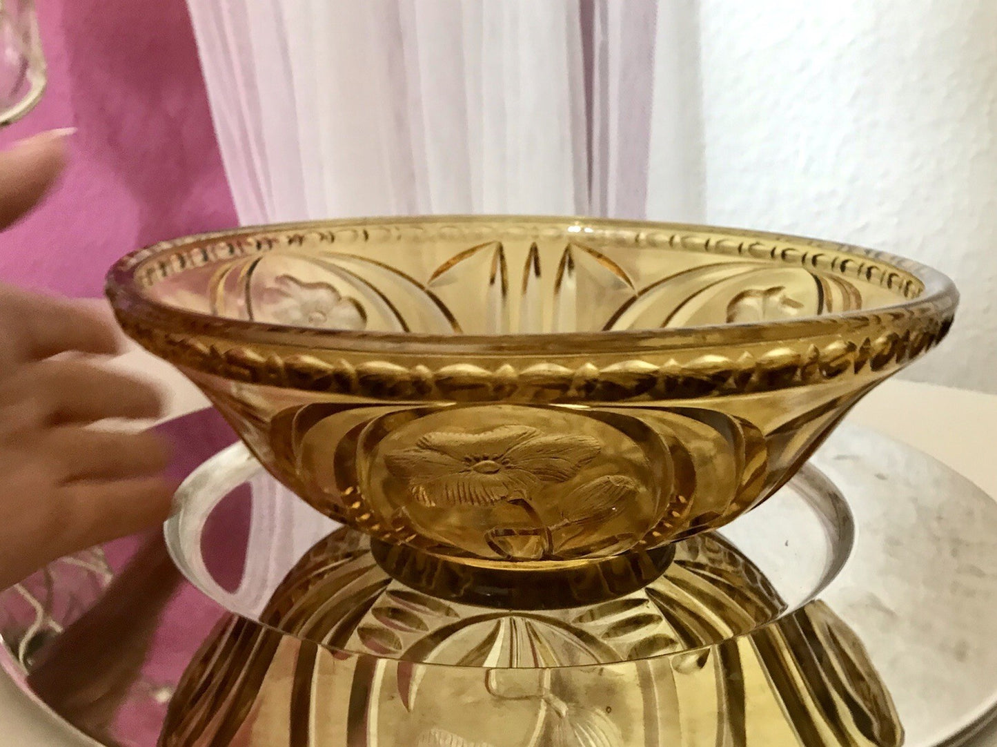 Antik Art Déco Vintage Pressglas Schale gelb Klatschmohn