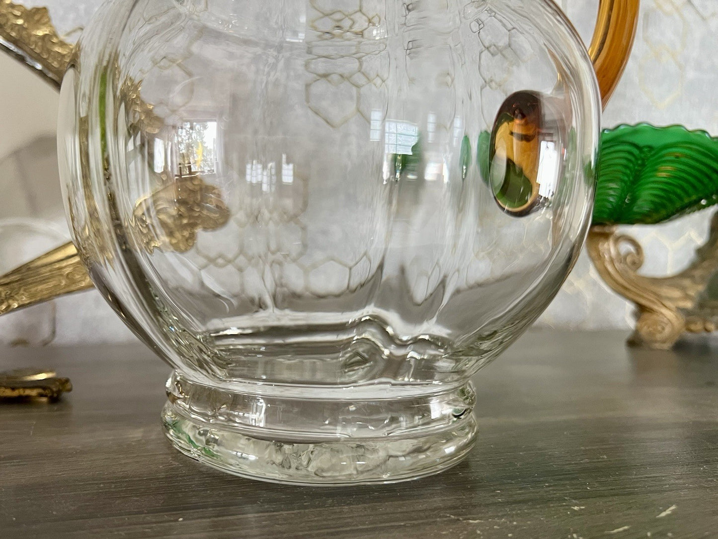 Antik Art Déco Kanne Krug Glaskrug Karaffe Glas mundgeblasen Farblos & gelb