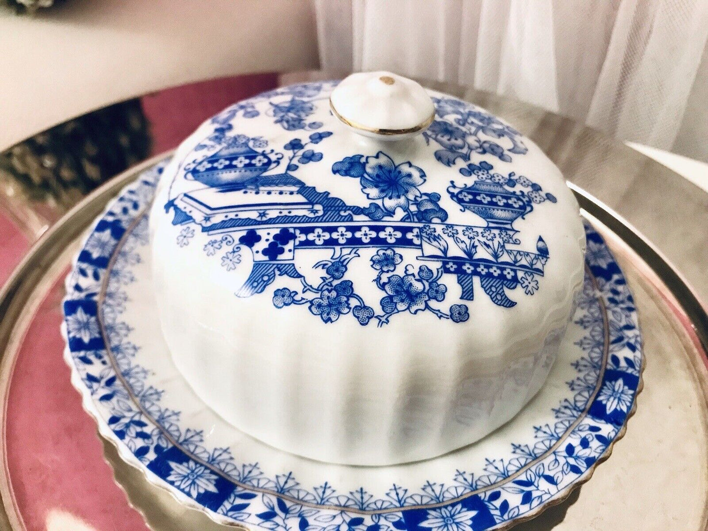 Antik Art Déco Porzellan Butterdose Dose China Blau
