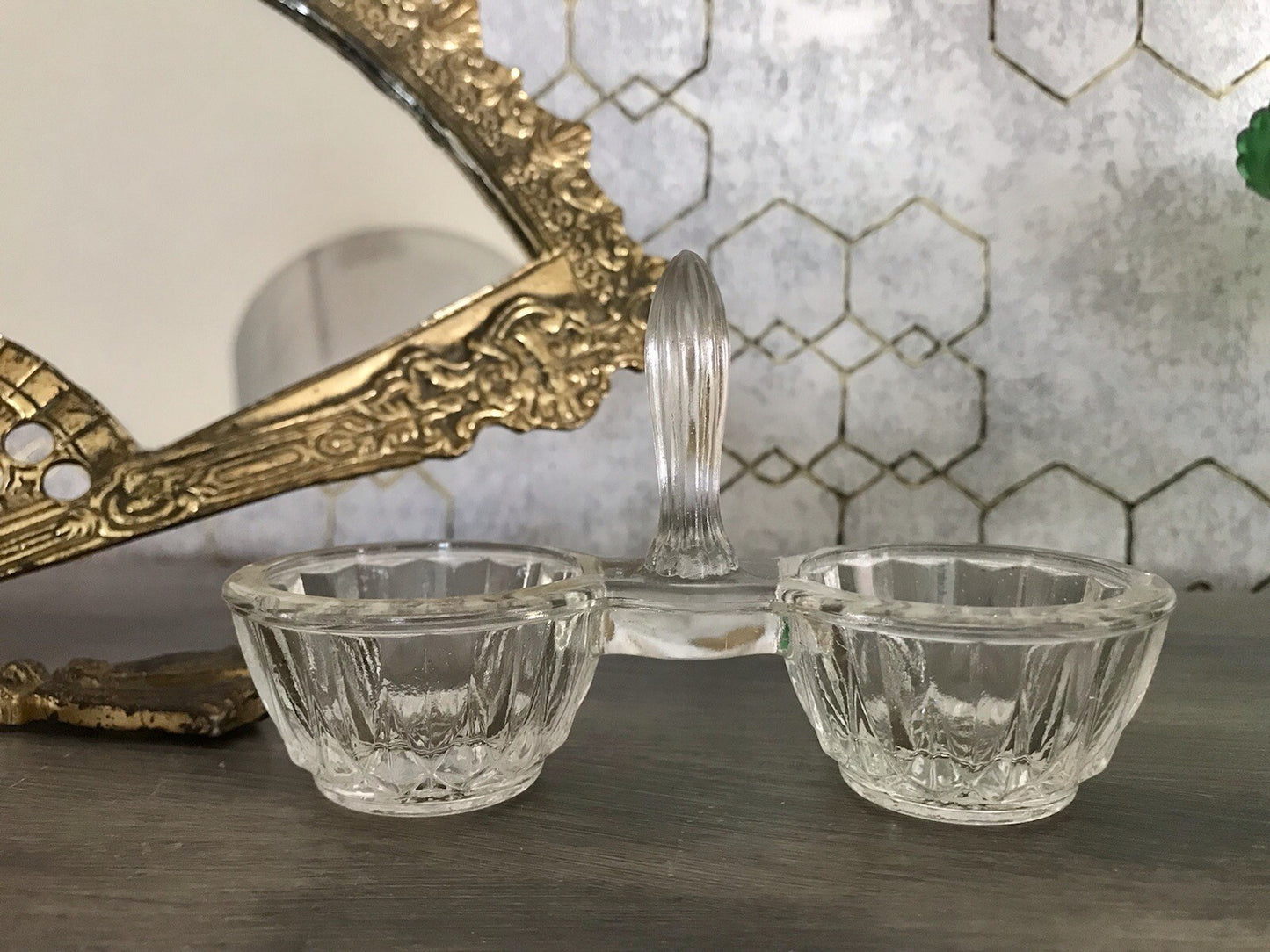 Antik Art Déco Pressglas Salz & Pfeffer Menage Saliere Gewürzständer Glas