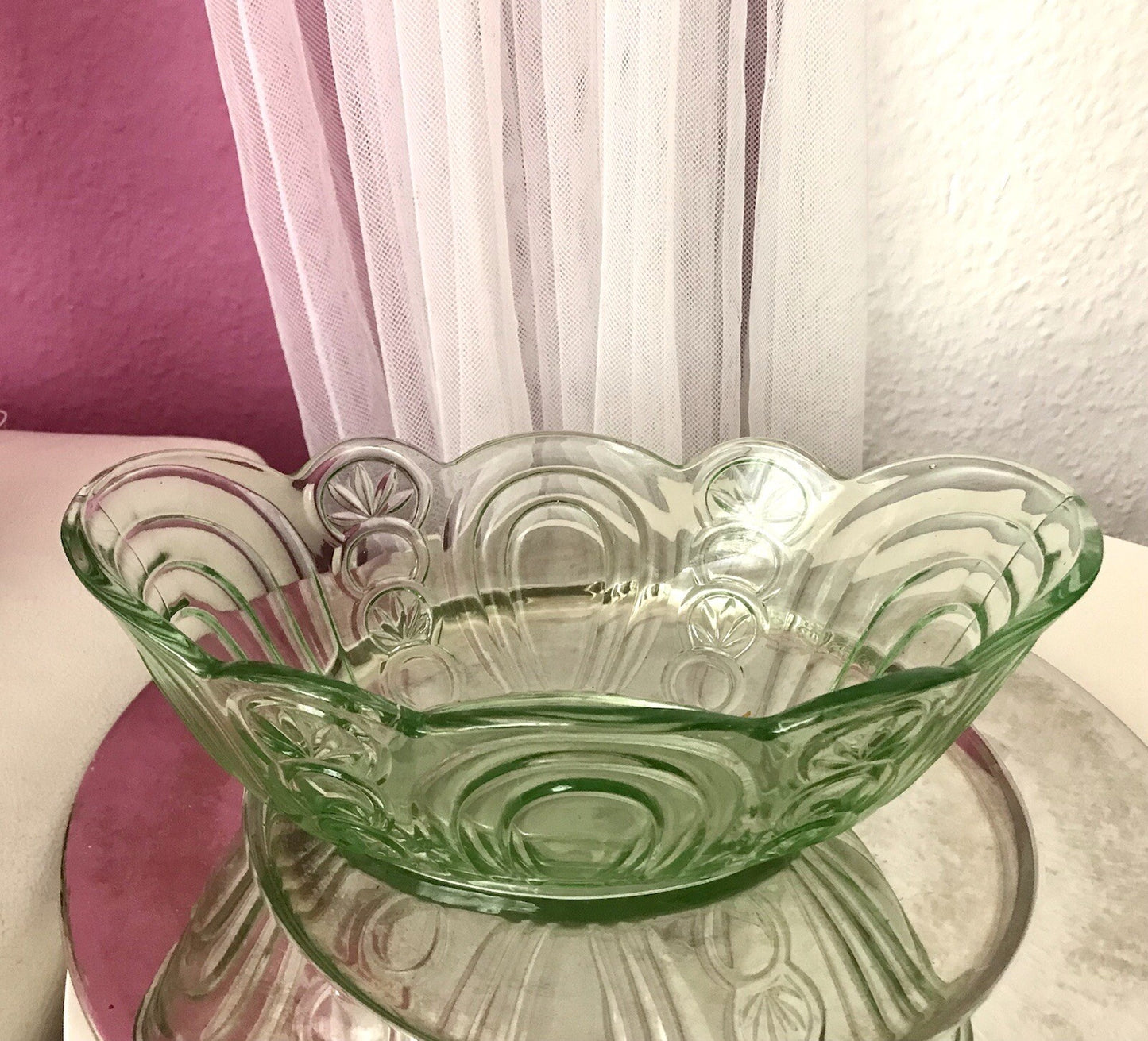 Antik Art Déco Jardiniere Schale Pressglas Glasschale grün Obstschale