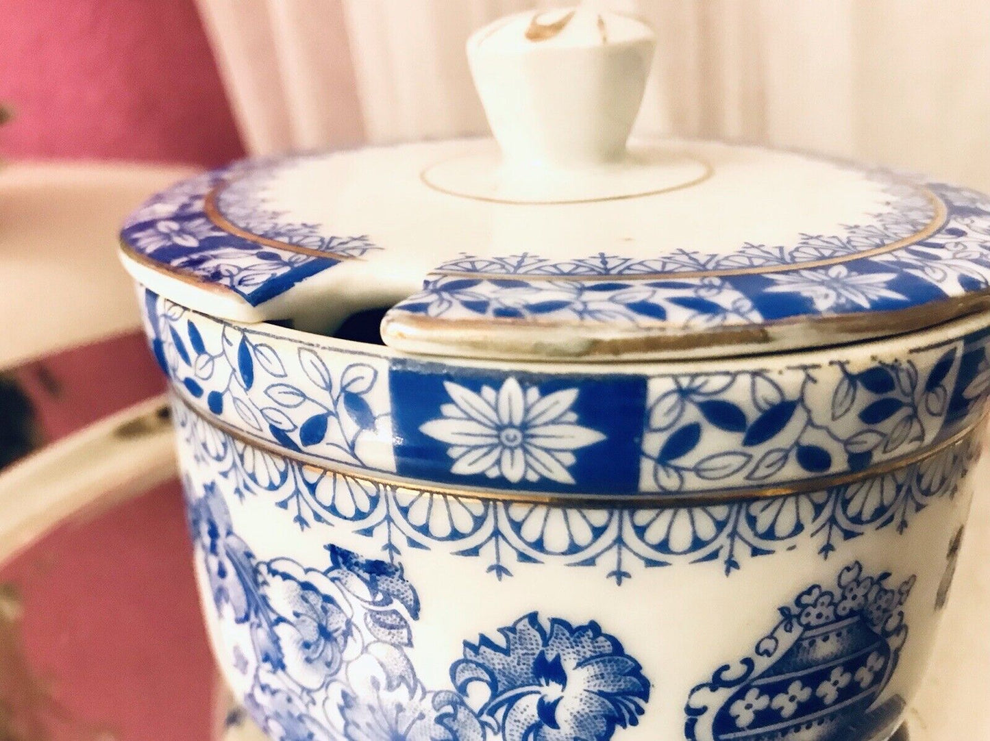 Antik Art Déco Porzellan Deckeldose Dose China Blau Oscar Schaller ??