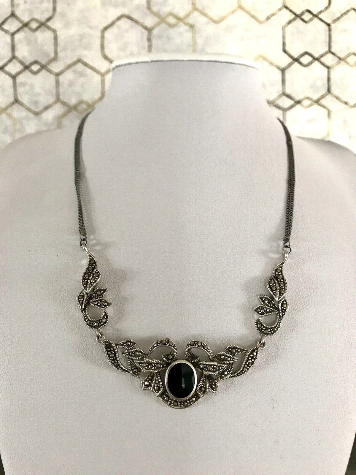Antik Edel Jugendstil Art Déco 925 Silber Collier Halskette mit Onyx & Markasite