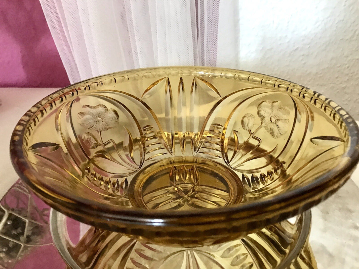 Antik Art Déco Vintage Pressglas Schale gelb Klatschmohn