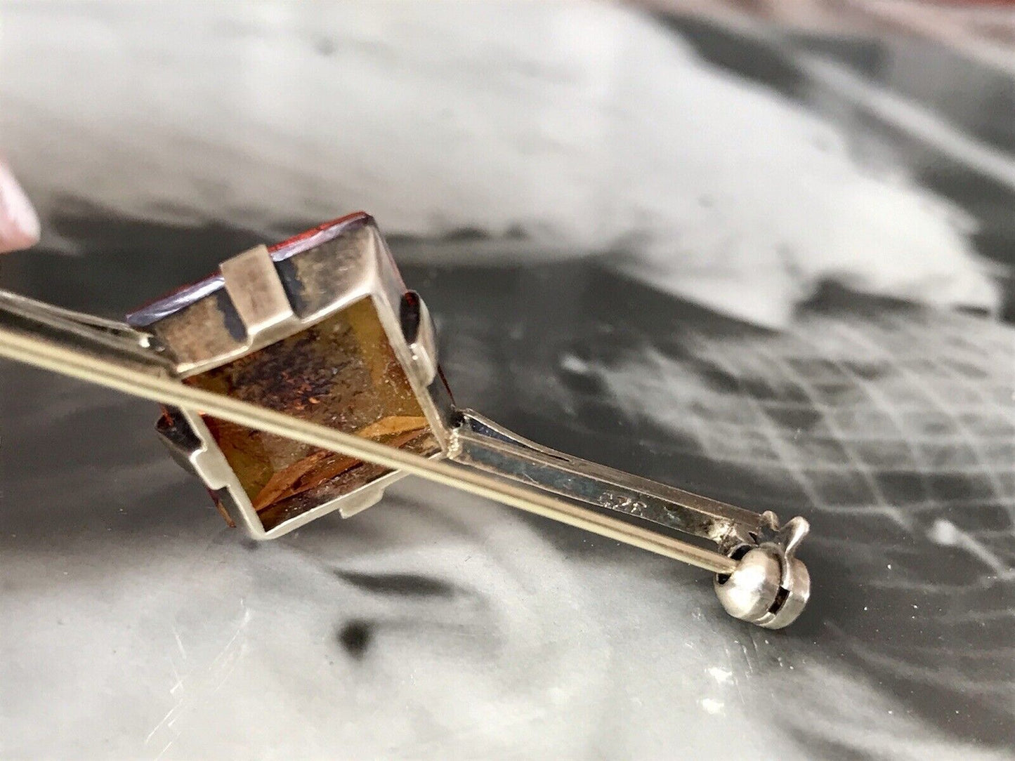 Antik Art Déco Edel Stabbrosche Silber 925 Bernstein vergoldet Brosche