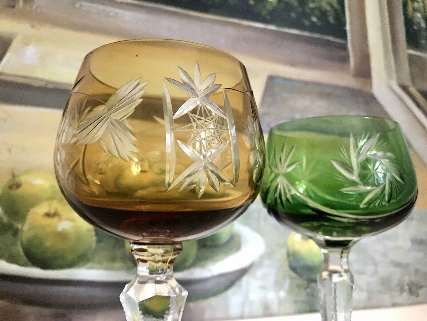 Alt Vintage antik? 2x Weinglas Römer Kristallglas Schliff gelb grün Schliff