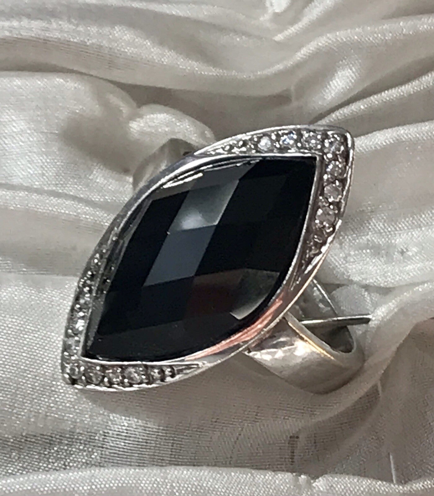 Vintage Onyx? & farblose Steine DAMEN RING Silber 925 Gr.57 58 Schiffchen