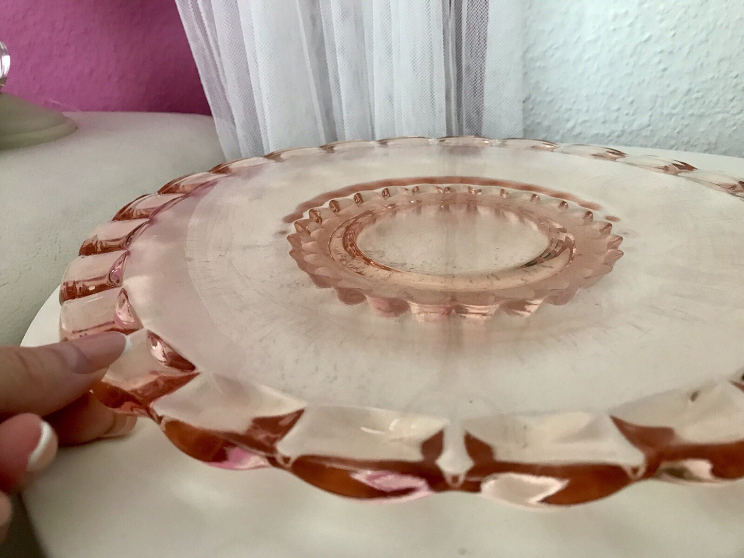 Antik Tortenplatte Tortenständer Rosalin Glas rosa Art Déco Pressglas