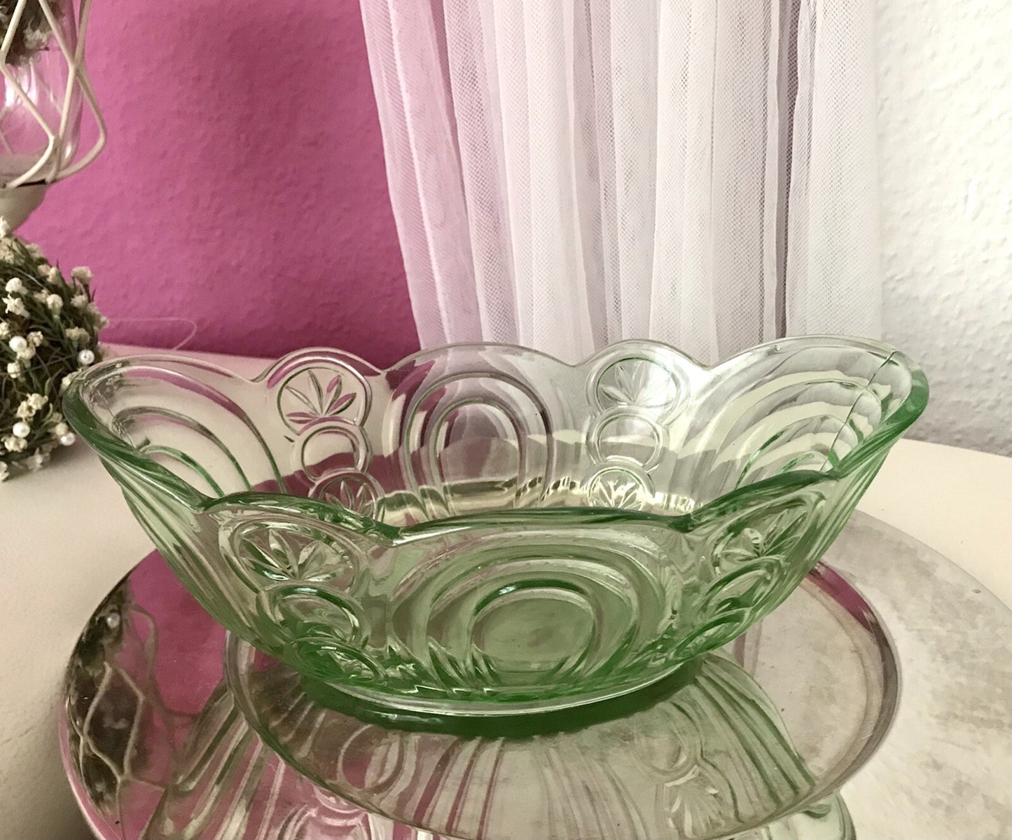 Antik Art Déco Jardiniere Schale Pressglas Glasschale grün Obstschale