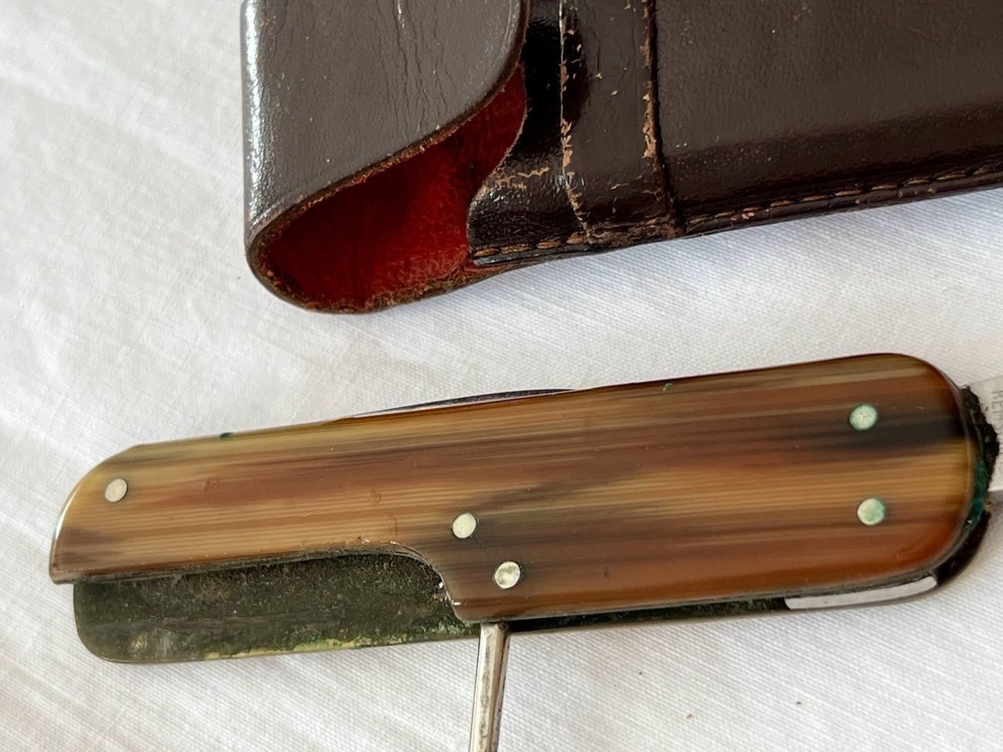 Antik Vintage Taschenmesser Klappmesser Jagdmesser Max Flus Remscheid Lederetui