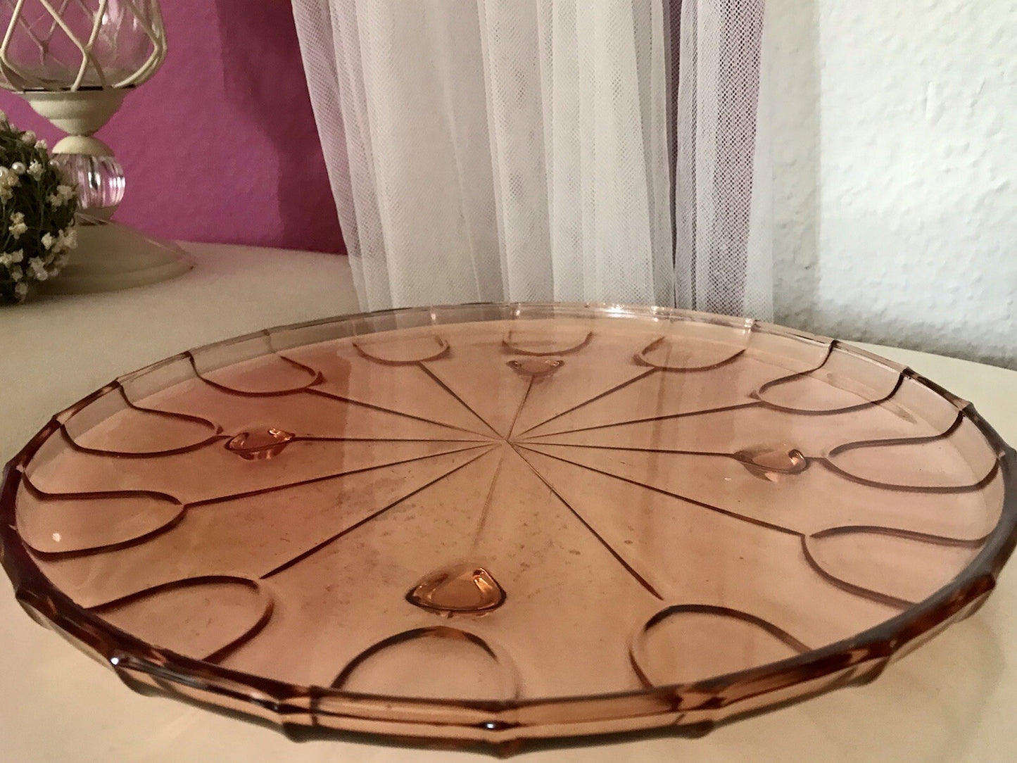 Antik Tortenplatte Tortenständer Rosalin Glas rosa 4Füssig Art Déco Pressglas