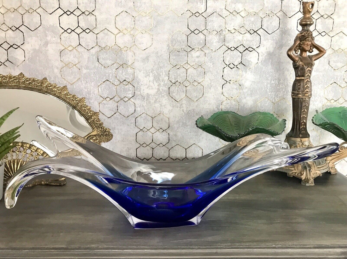 Murano 60er 70er Jahre Schale Glas zipfelig blauer Zwischenfang im Klarglas