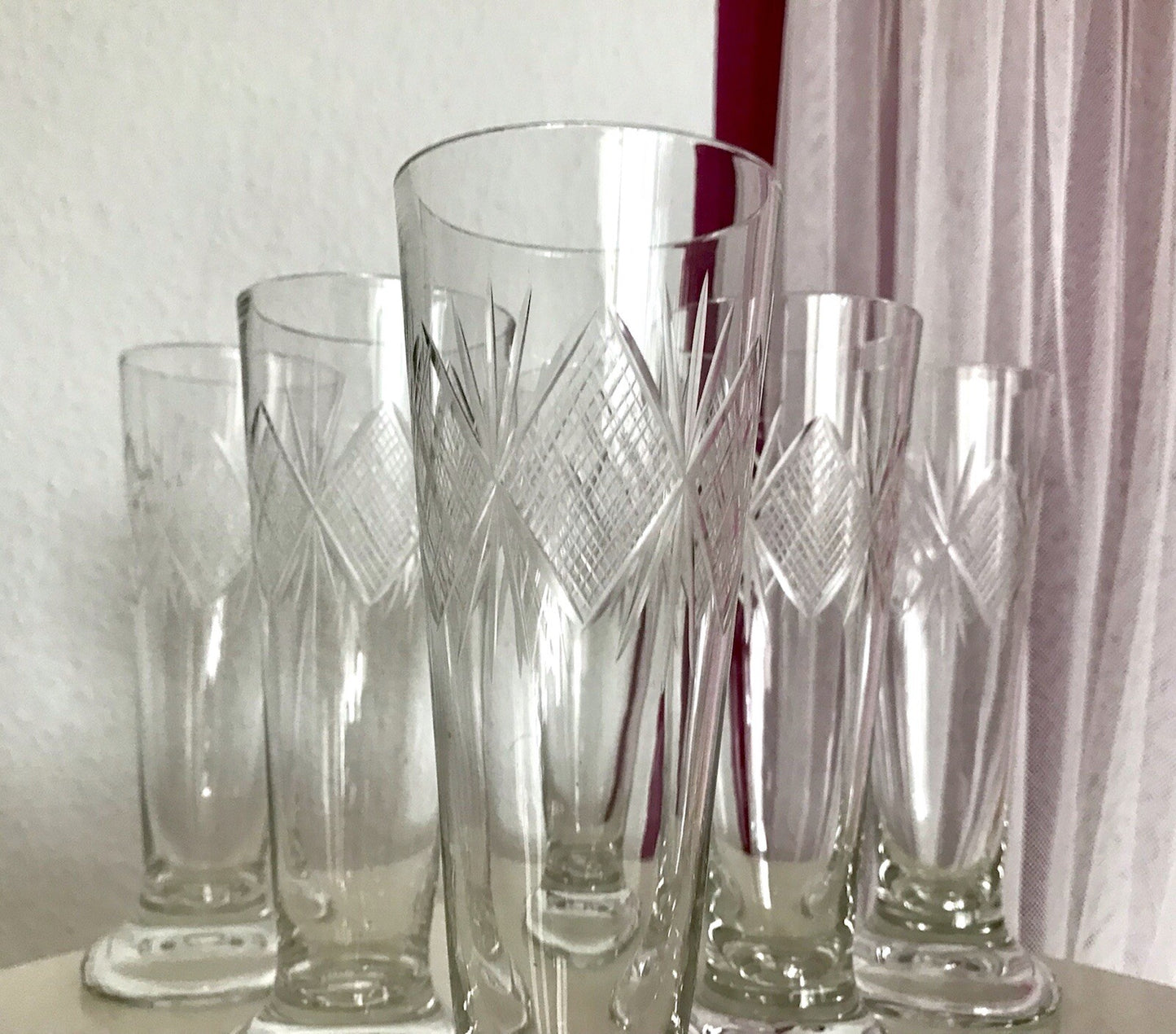 Antik 6x Fußbecher Fußrand-Becher mundgebl. Pokalgläser Kristallglas? Schliff