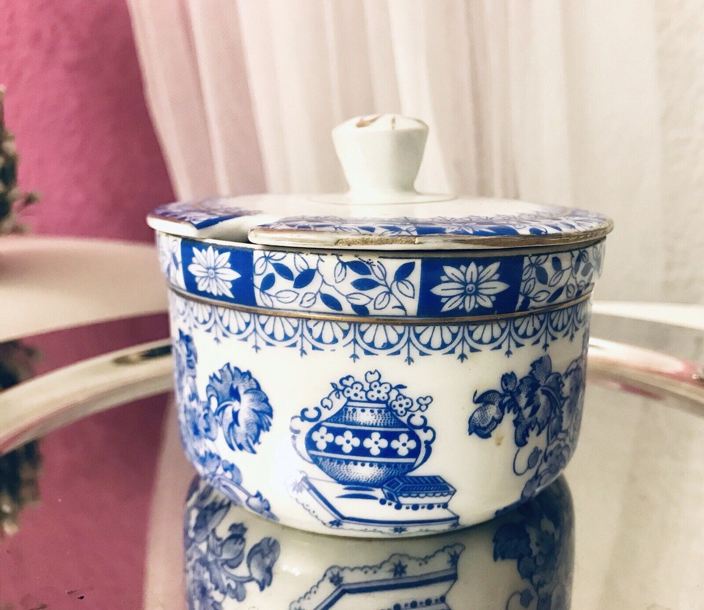 Antik Art Déco Porzellan Deckeldose Dose China Blau Oscar Schaller ??