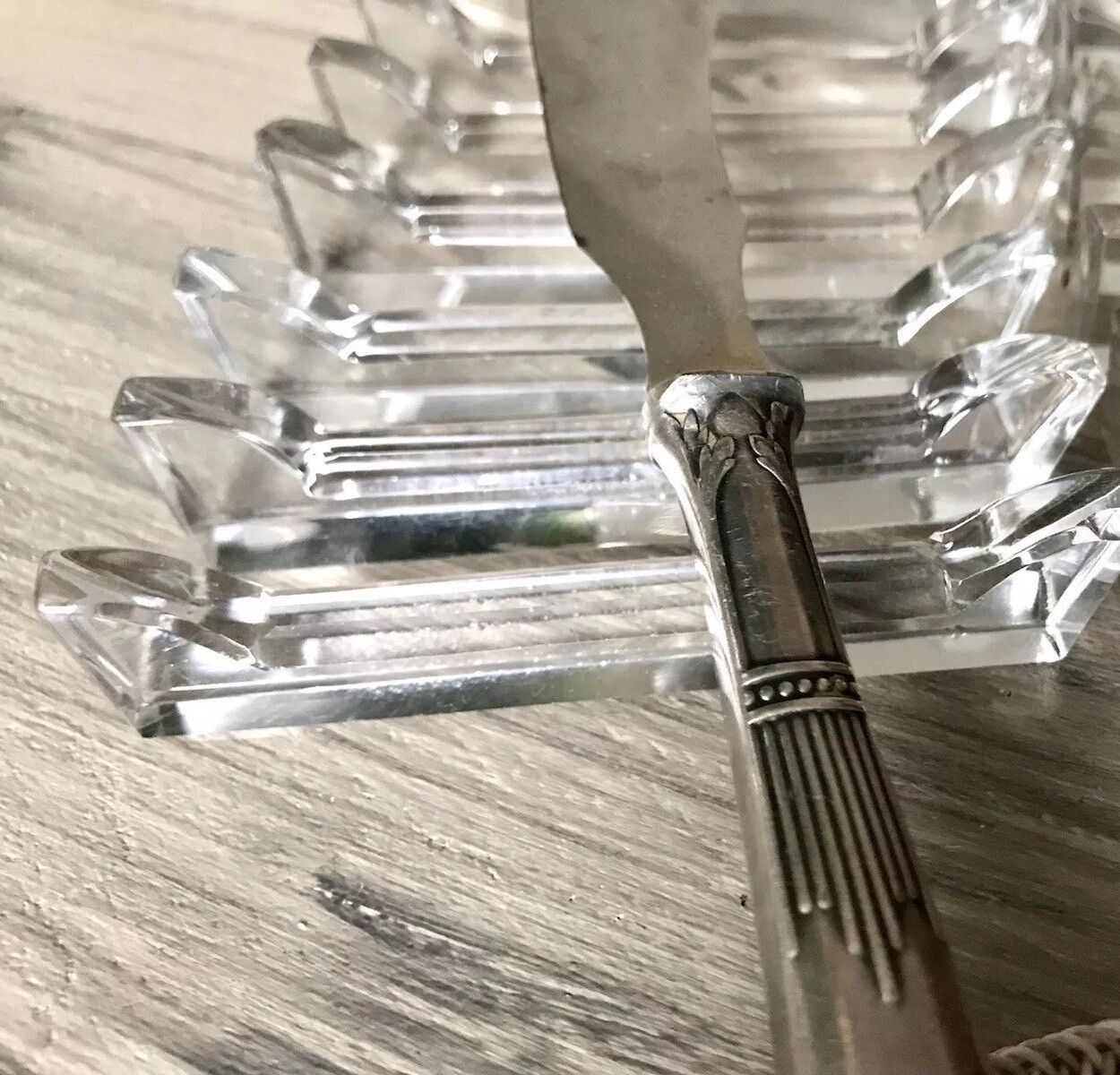 Alt Antik 8+1 französische Art Déco Messerbänkchen Kristallglas Glas