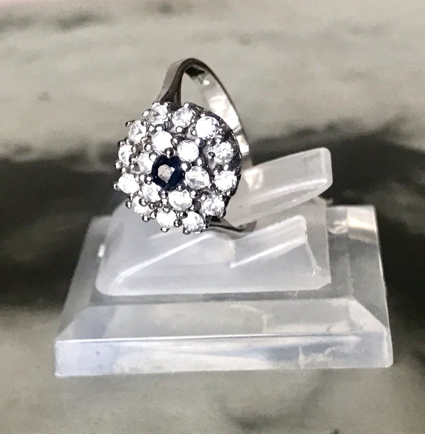 Vintage Entourage Halo Ring farblose Steine & Saphir Silber 925 ~Gr.54