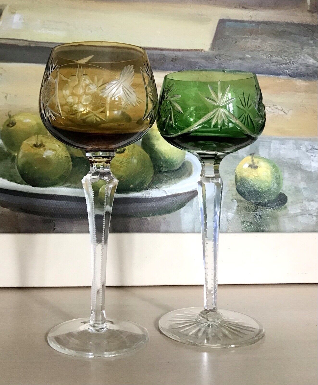 Alt Vintage antik? 2x Weinglas Römer Kristallglas Schliff gelb grün Schliff