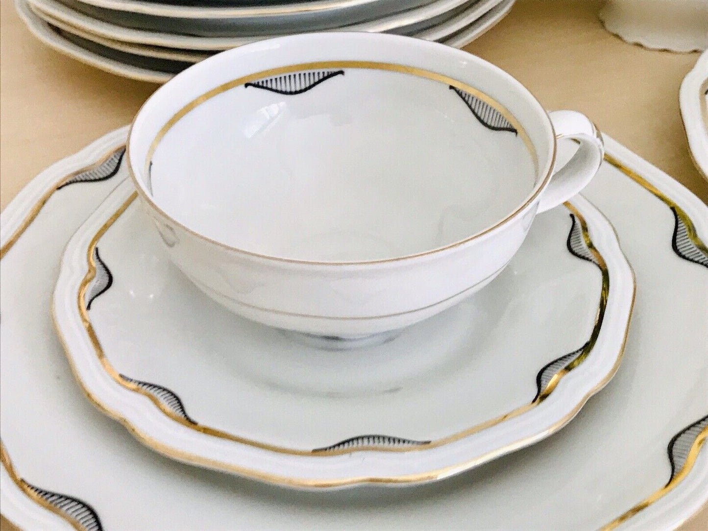 Antik Art Déco Porzellan Kaffeeservice 10 Pers. ivory schwarz gold