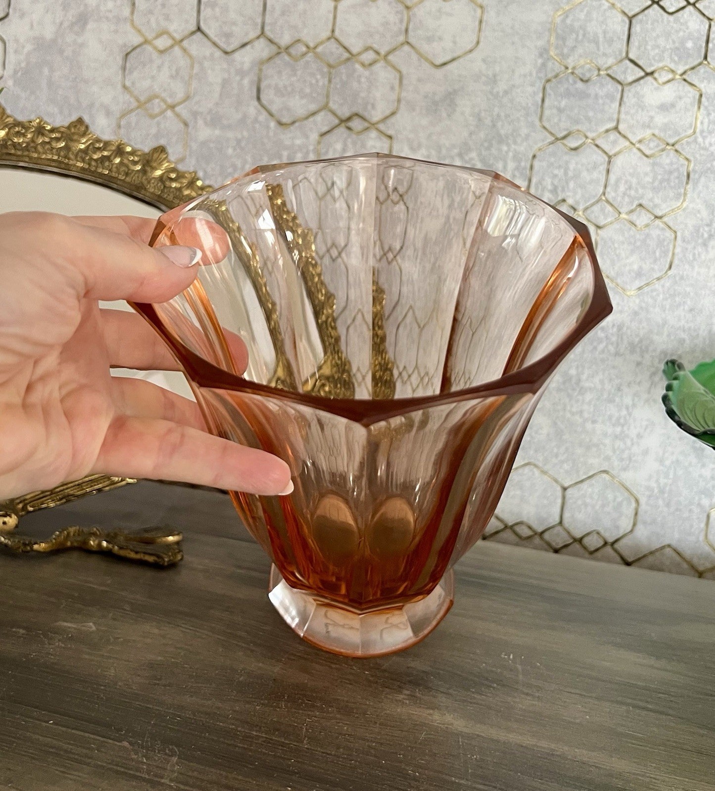 Antik Art Déco Vase Glasvase geschliffen rosa Rosalin Glas