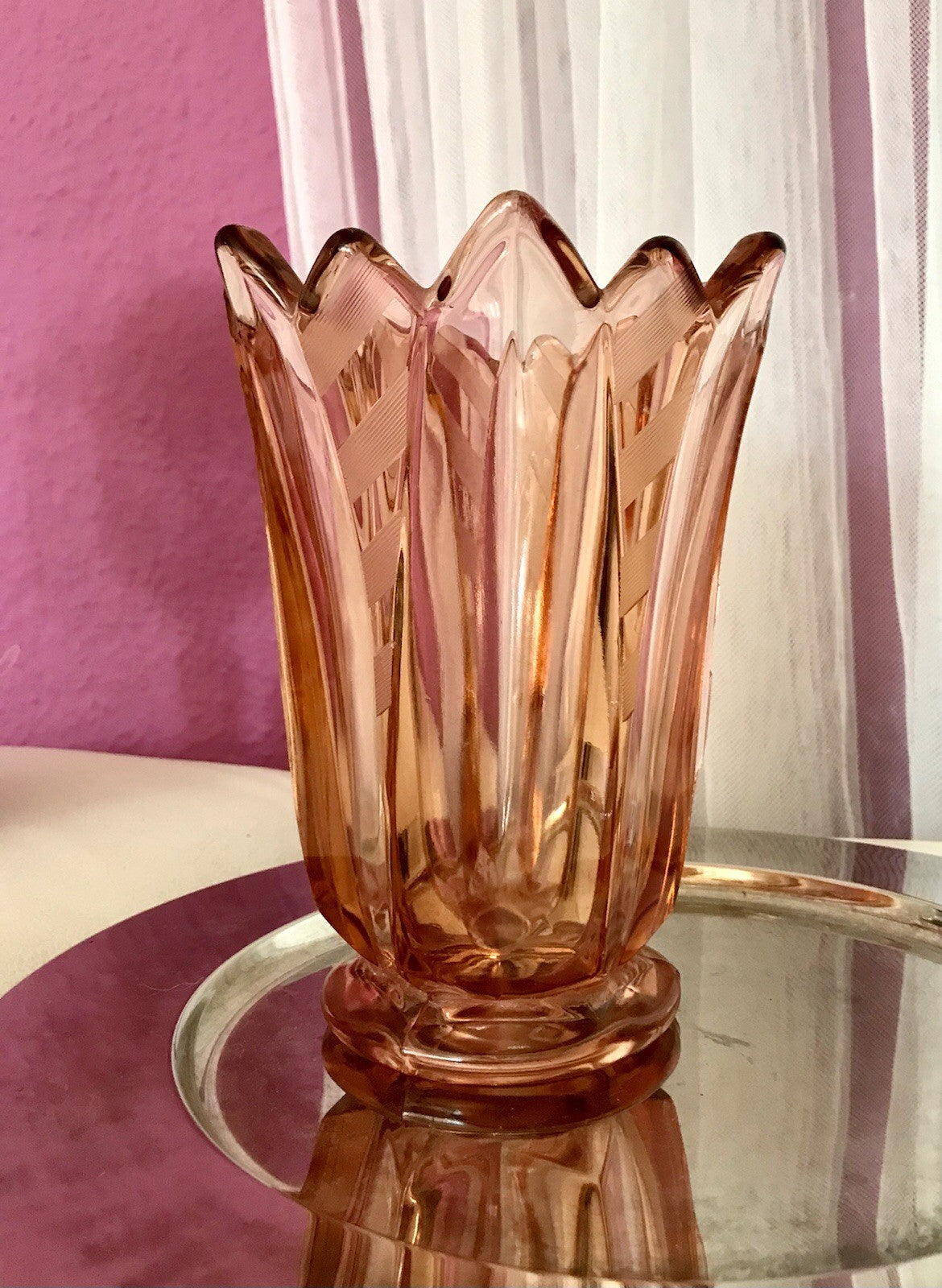 Antik Art Déco Vase Glasvase Pressglas Glas Rosalin rosa Blumenvase Schwepnitz