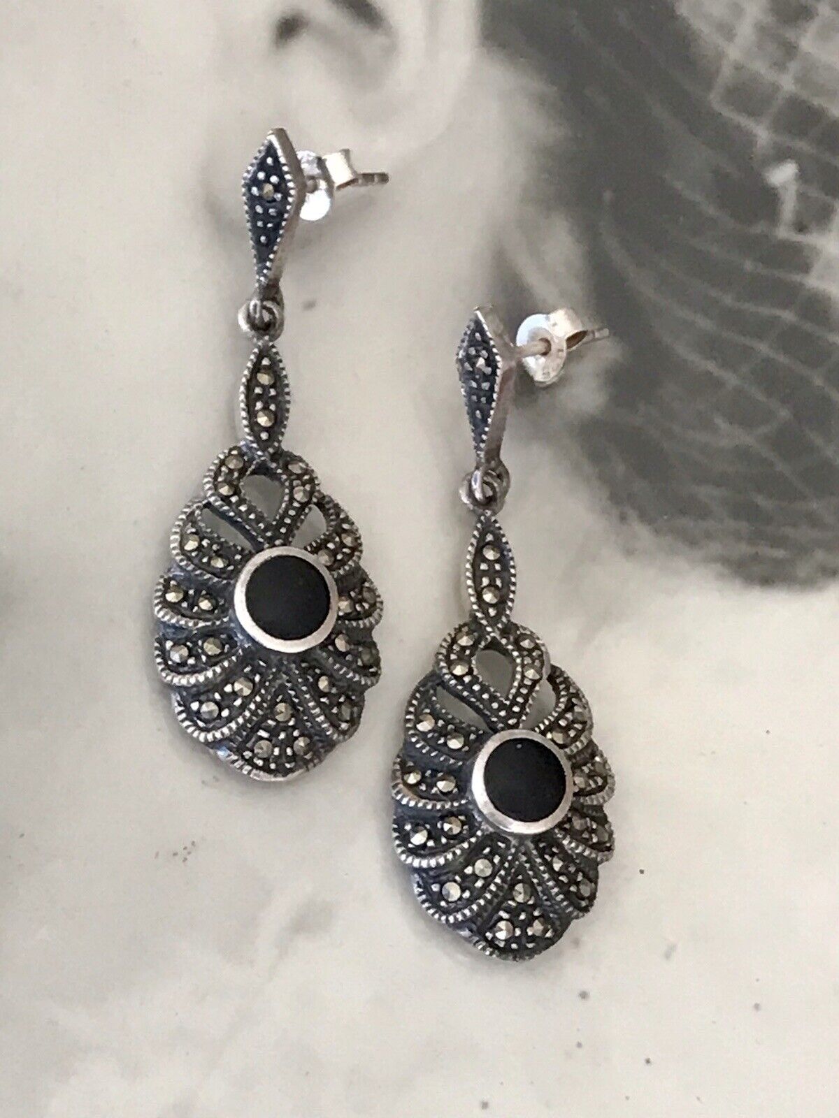 Antik Art Déco Wunderschön Ohrhänger Ohrringe DAMEN Silber 925 Onyx Markasite