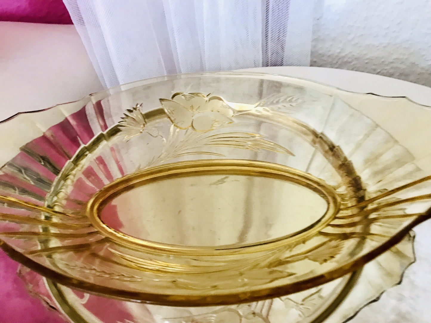 Antik Art Déco Bernstein Farbe gelb Pressglas Schale Jardiniere Glas