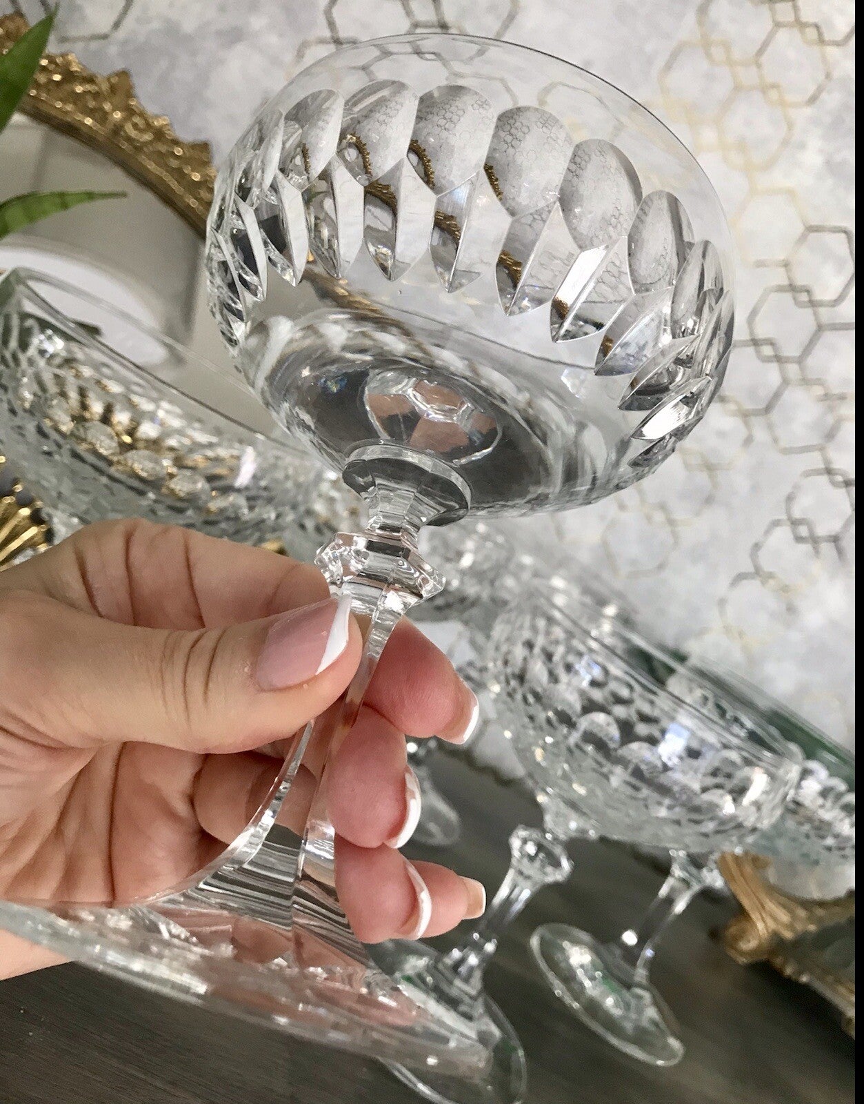 Vintage 8x Champagnerschalen Sektschalen Kristallglas Schliff Bleikristall