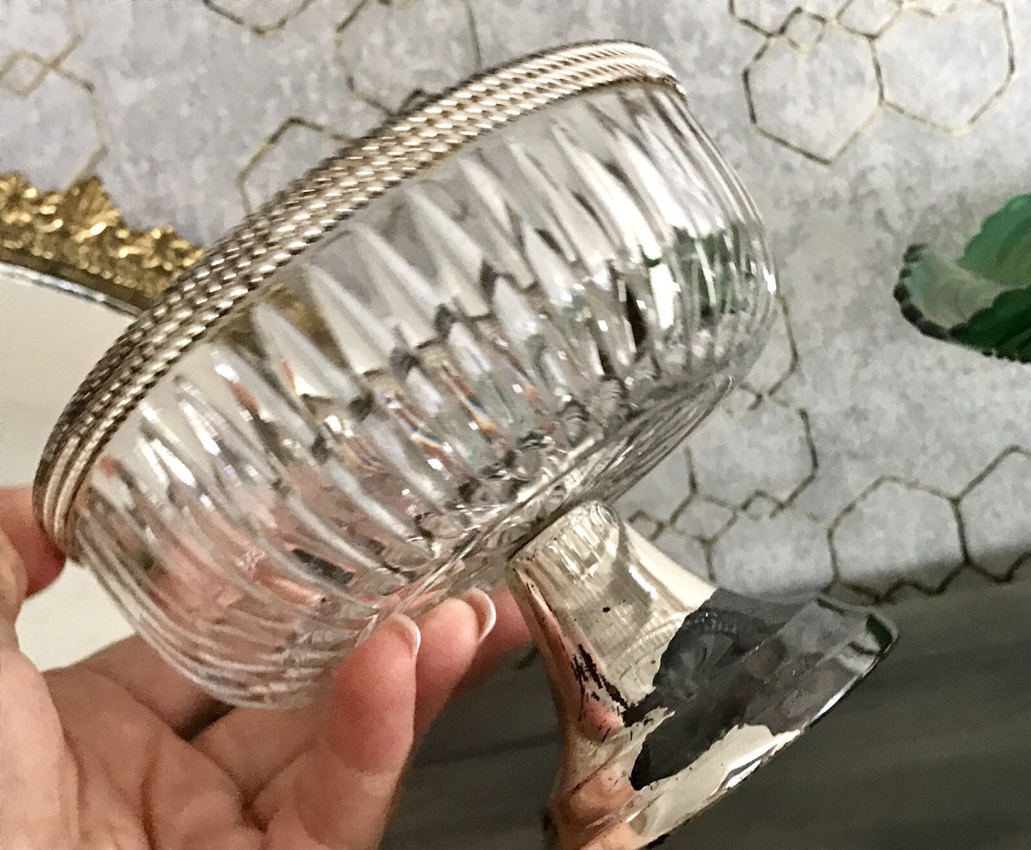 Vintage Glasschale Fußschale Schale Glas versilberte Montur Kristallglas?
